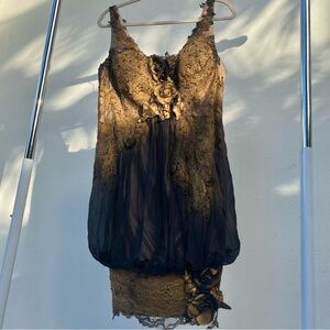 Jovani 100% Silk Gold & Black Ombré Beaded Dress Size Extra Large XL